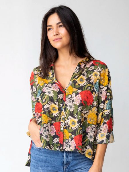 Lara Button Down - Black Red Poppy