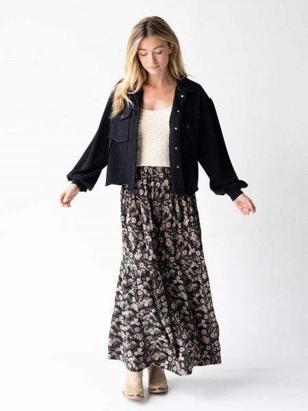 Calla Maxi Skirt - Black Tan Leafy Floral