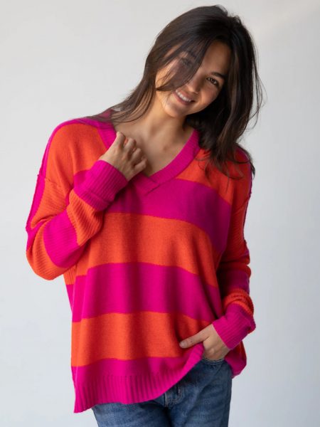 Slouchy V-Neck Sweater - Pink Stripe