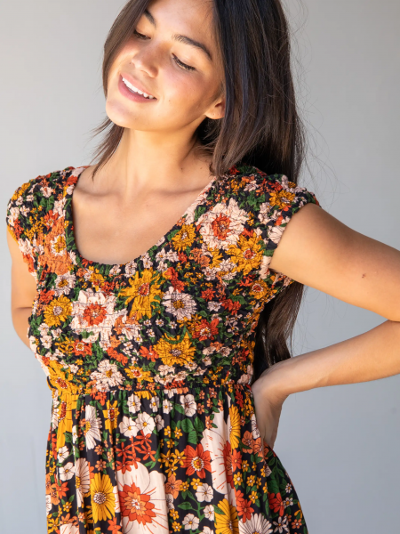 Clara Smocked Midi Dress - Orange Floral